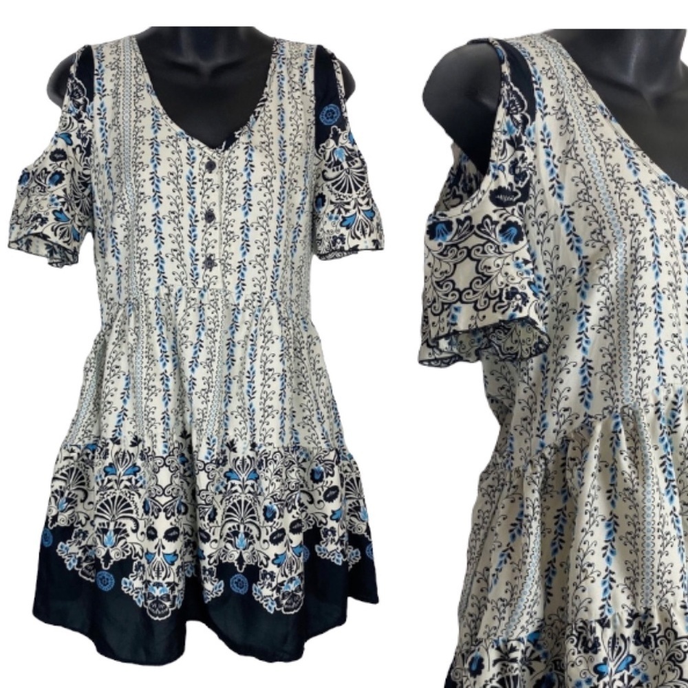 BAND OF GYPSIES Blue Floral Cold-Shoulder Mini Dress medium Boho